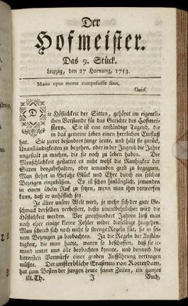 Das 9. Stück. Leipzig, den 27 Hornung 1753.