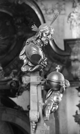 Salvator Mundi mit Kinderengel : Salvator Mundi mit Kinderengel (1756/1757; J. G. Dirr). Detail mit Büste. Uhldingen-Mühlhofen-Birnau. Wallfahrtskirche Sankt Maria