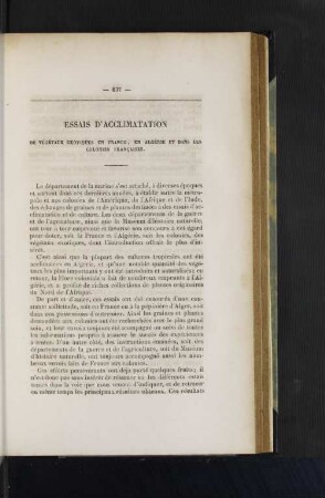 Essais d'acclimatation