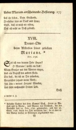 XVIII. Trauer-Ode beym Absterben seiner geliebten Mariane. Nov. 1736