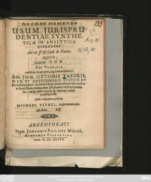 Periculum Academicum Usum Iurisprudentiae Syntheticae In Analytica Ostendens : Ad tit. ff. & Cod.de Furtis