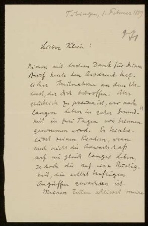 Nr. 271 Brief von Alexander von Brill an Felix Klein. Tübingen, 1.2.1889