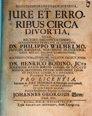 Disputatio Inauguralis Juridica, De Jure Et Erroribus Circa Divortia