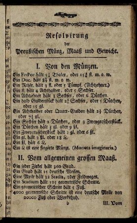 Resolvirung der Preußischen Münz, Maaß und Gewicht.