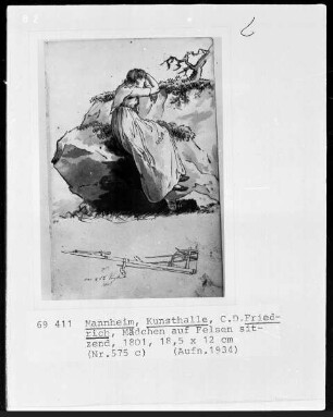 Mädchen auf Felsen sitzend, Studie einer Sense, Folio recto