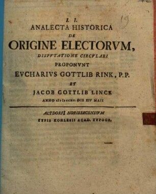 Analecta historica de origine electorum, disputatione circulari