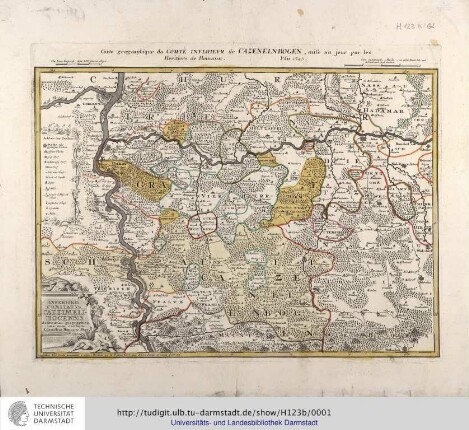 Inferioris / Comitatus / Cattimelibocensis delineatio geographica una cum confinis = Carte geographique du Comté Inferieur de Cazenelnbpogen / Edentibus Homann. Her. / Heritiers de Homann. [Nürnberg]: Homänn. Erben, 1745