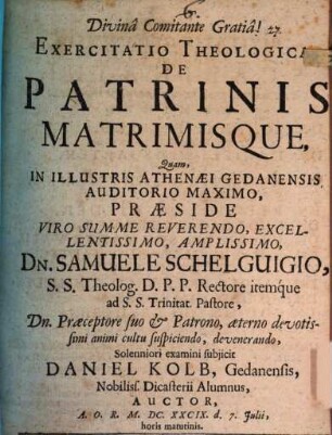 Exercitatio theol. de patrinis matrinisque