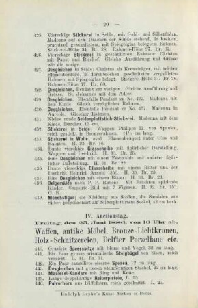 IV. Auctionstag. Freitag, den 25. Juni 1886, von 10 Uhr ab