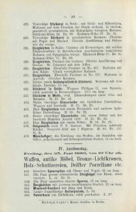IV. Auctionstag. Freitag, den 25. Juni 1886, von 10 Uhr ab