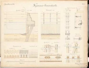 Seehafen Schinkelwettbewerb 1898: Kaimauer des Binnendeichs: Querschnitt, Ansicht, Horizontalschnitt 1:100, Details (Ansichten, Schnitte) 1:25, 1:20