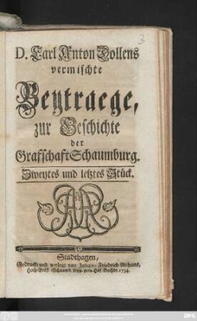 Stück 2: D. Carl Anton Dollens vermischte Beytraege, zur Geschichte der Graffschaft Schaumburg