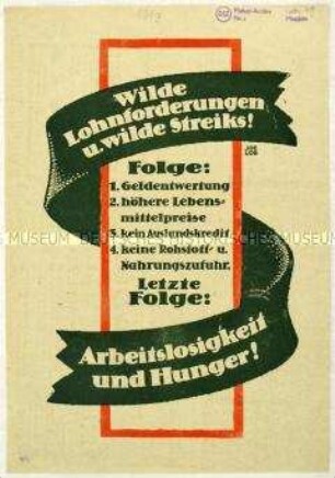 Flugblatt gegen zu hohe Lohnforderungen und Streiks