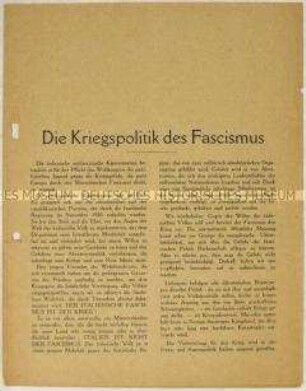 Deutschsprachige Flugschrift italienischer Emigranten in Frankreich zur italienischen Außenpolitik unter Mussolini