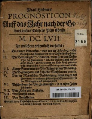 Israel Hiebners Prognosticon Auff das Jahr ... M.DC.LVII.