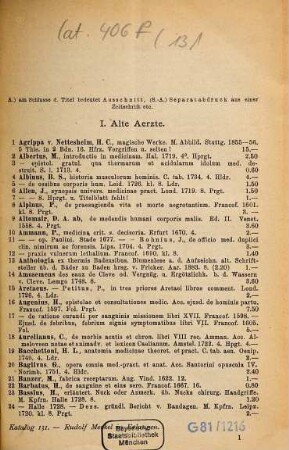 Antiquarischer Katalog, 131. Medicin ; Abt.1, Alte Aerzte. - Abt.2, Neue Medicin