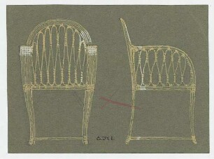 Korbsitzmöbel : Vorder- und Seitenansicht eines Korbstuhls mit Armlehne, mit Kreuz markiert, signiert