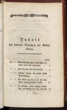 Inhalt des siebenten Bändchens der Kinderzeitung.