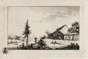 Serie von 14 Landschaften; Bl. 7: Bauernhaus, vorn ein schießender Jäger