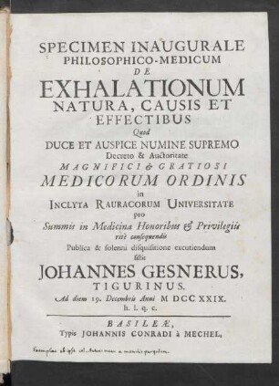 Specimen Inaugurale Philosophico-Medicum De Exhalationum Natura, Causis Et Effectibus