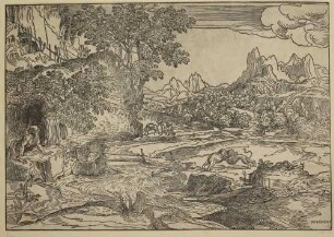 Landschaft mit dem heiligen Hieronymus und zwei Löwen