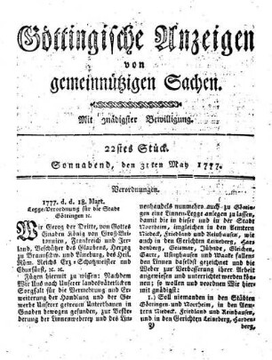 22stes Stück. Sonnabend, den 31ten May 1777.
