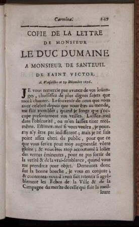 Copie de la Lettre de Monsieur le Duc Dumaine [...].