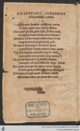 Valentinus Chudenius Soltwedelensis Lectori.