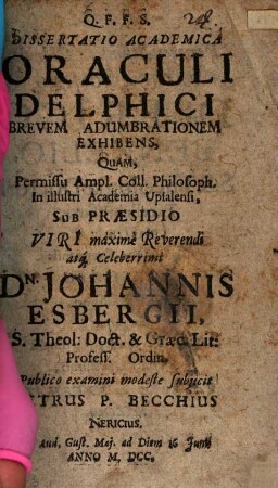 Diss. acad. oraculi Delphici brevem adumbrationem exhibens