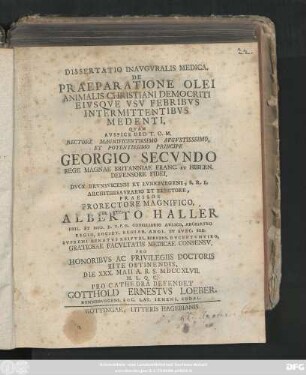 Dissertatio Inavgvralis Medica, De Praeparatione Olei Animalis Christiani Democriti Eivsqve Vsv Febribvs Intermittentibvs Medenti