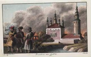 'Bewohner von Gziatsk' vor einer Kirche; Aquarell; Rückseitenvermerk: 'nach Faber'