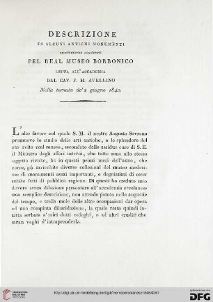 5: Descrizione di alcuni antichi monumenti recentemente acquistati pel real Museo Borbonico : letta all'Accademia ... nella tornata de' 2 giugno 1840