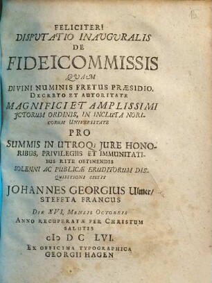 Disputatio Inauguralis De Fideicommissis