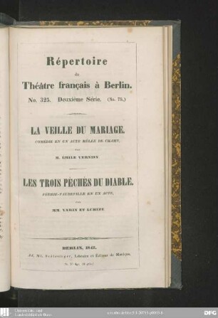 La veille du mariage : comédie en un acte mêlée de chamt