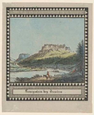 Das Elbtal mit dem Königstein und der Festung in der Sächsischen Schweiz nach Südosten, im Hintergrund der Pfaffenstein