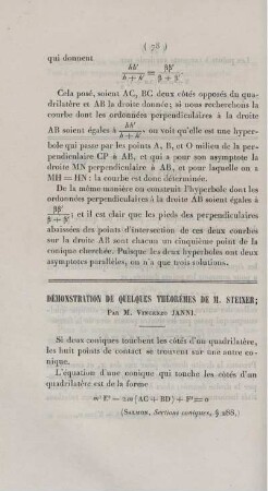 Démonstration de quelques théorèmes de M. Steiner.