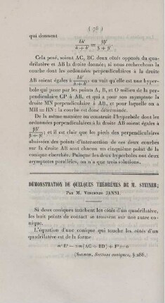 Démonstration de quelques théorèmes de M. Steiner.