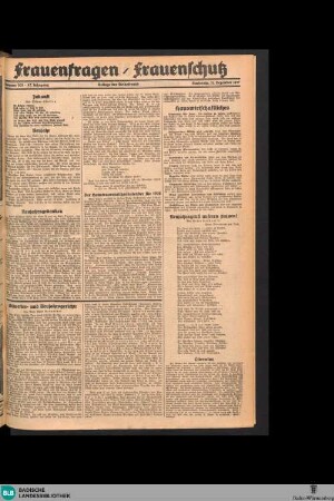Der Volksfreund : Tageszeitung für das werktätige Volk Mittelbadens, Frauenfragen / Frauenschutz