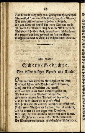 Dat drüdde Scherz-Gedichte. Van Allemodischer Sprake und Titeln.