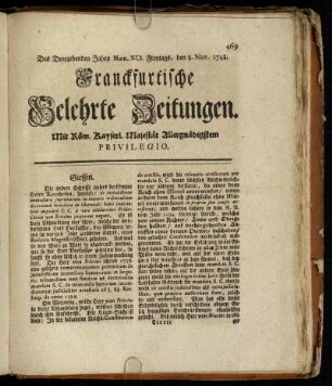 Num. XCI. Freytags, den 8. Nov. 1748 - Num. C. Dienstags, den 10. Dec. 1748