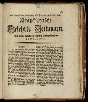 Num. XCI. Freytags, den 8. Nov. 1748 - Num. C. Dienstags, den 10. Dec. 1748