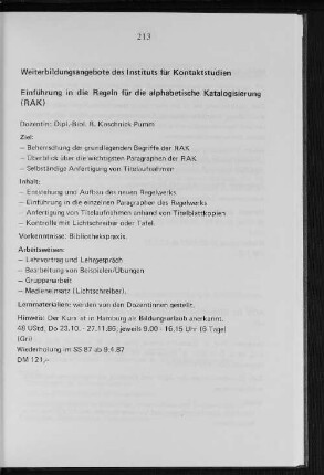 Weiterbildungsangebote des Institus für Kontaktstudien