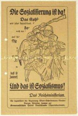 Flugblatt der KPD gegen die Sozialisierungspolitik der Reichsregierung und Aufruf zum Beitritt