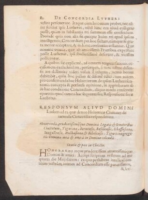 Responsum Aliud Domini Lutheri ad ea quae denuo Helveticae Civitates, de ineunda concordia responderant.