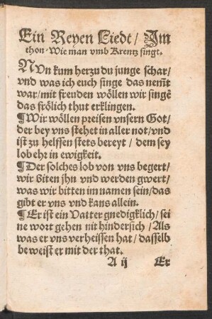 Ein Reyen Liedt/ Jm || thon/ Wie man vmb Krentz sing. ||