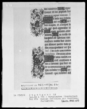 Liber horarum — Kleine Initialen mit Bordürenfortsätzen, darin Fabeltiere, Folio 87verso