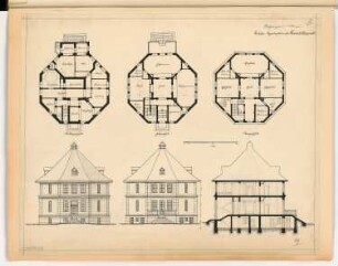 Achteckiges Landhaus Monatskonkurrenz März 1924: Grundriss Keller, Erdgeschoss, Obergeschoss, Aufriss Vorderansicht, Rückansicht, Längsschnitt 1:100; Maßstabsleiste