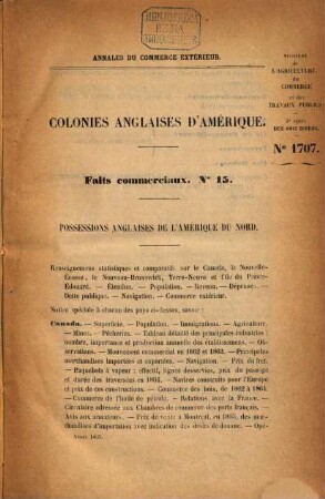 Annales du commerce extérieur. Colonies anglaises d'Amérique. Faits commerciaux. 15/18. 1867/77