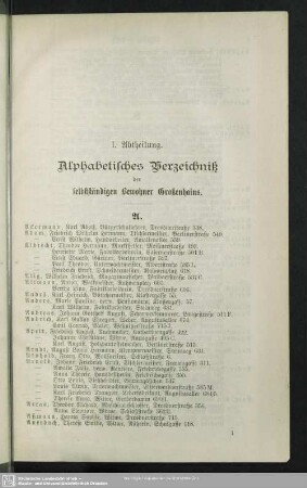 I. Einwohnerverzeichnis : I. Abtheilung. Alphabetisches Verzeichniß der selbstständigen Bewohner Großenhains
