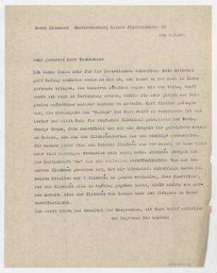 Brief von Raoul Hausmann an Jan Tschichold. Berlin